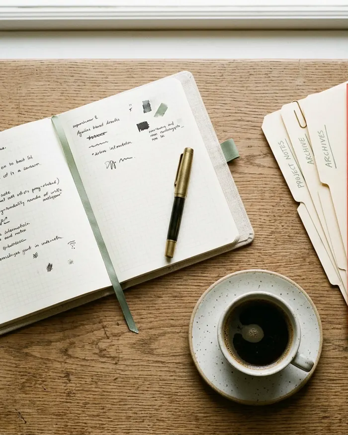 Overhead view of an organised desk with planner, folders and coffee