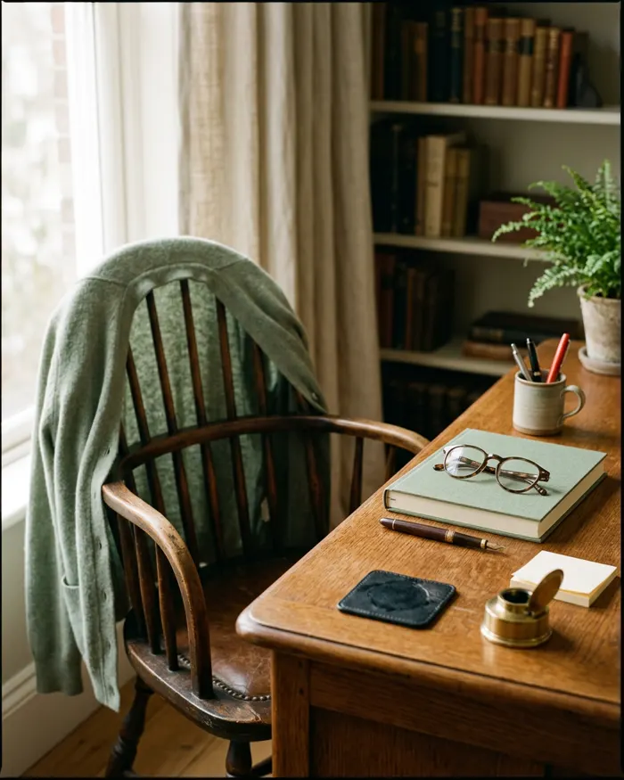 A sage cardigan over a wooden chair beside a tidy desk with planner and glasses
